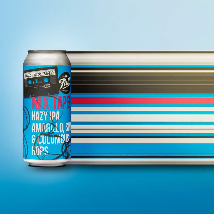 A sleek beer can with a retro "mix tape" design sits in front of an abstract background featuring horizontal stripes that evoke a sense of motion and music vibes.