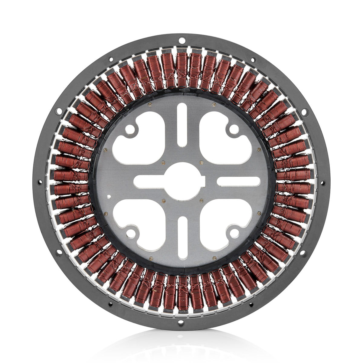 Product Photography of a circular electric engine part stator with copper windings and a metallic core isolated on a white background.